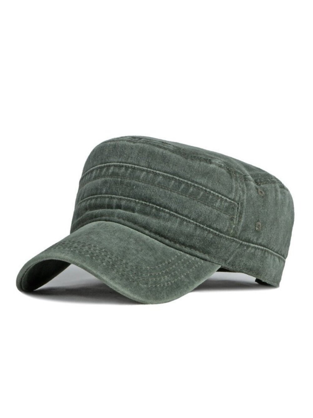 Green Washed Vintage Flat Top Cap, Cotton Military Cadet Army Caps Unique Design